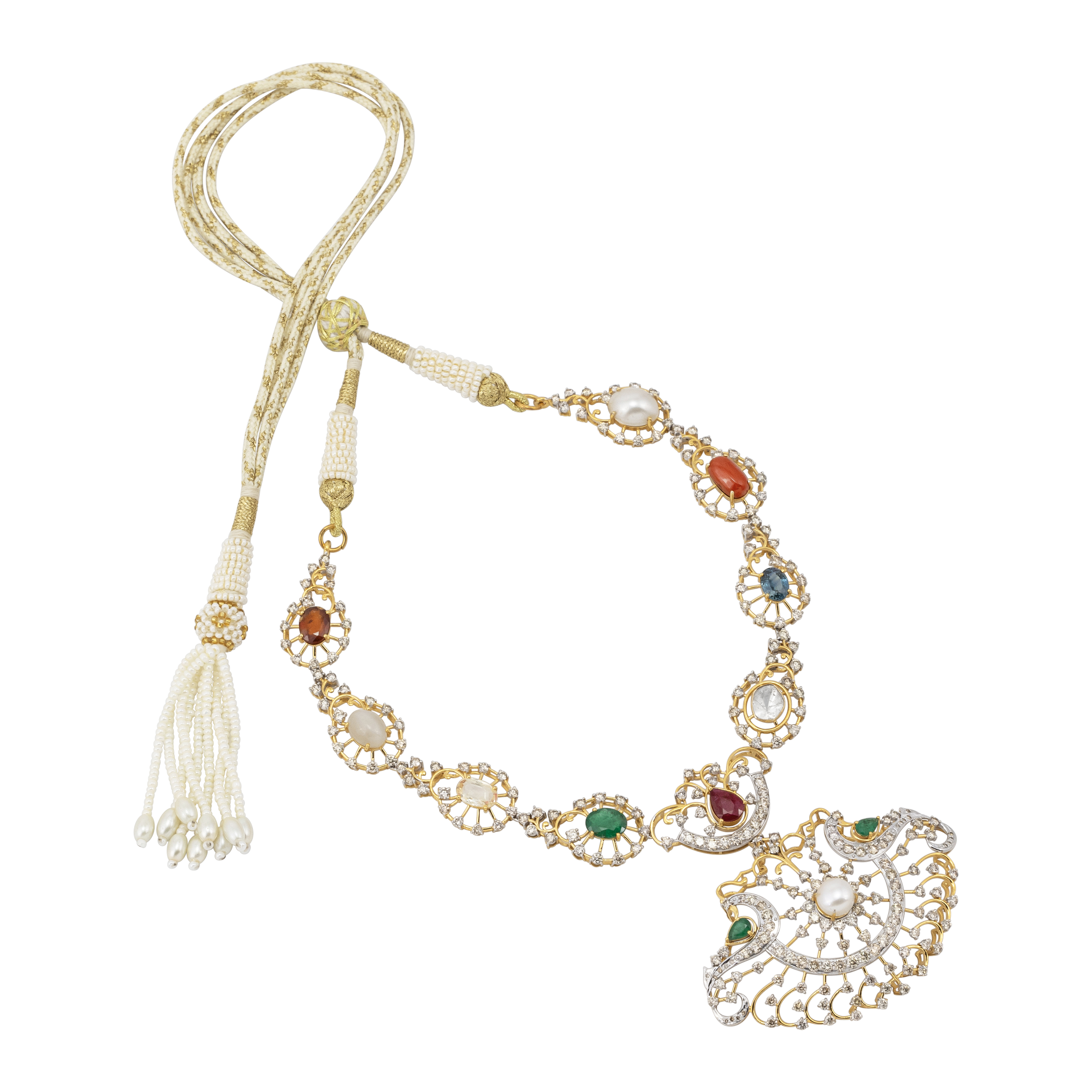 Navratan Necklace with Diamond Frames and Central Pearl Pendant